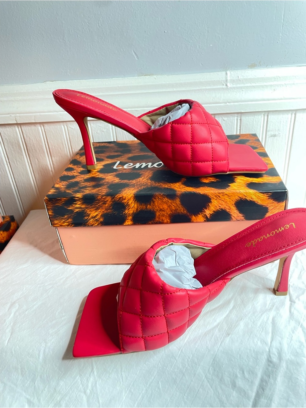 Red Quilted Open-Toe Stiletto Mule - Picture 5 of 8